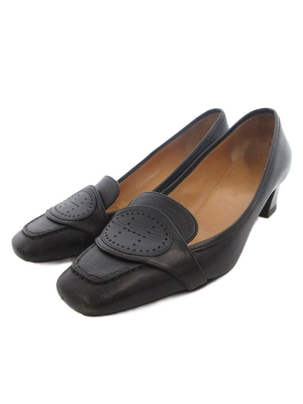 Hermes Pumps Square Toe Chunky Heels Leather Logo Black 35.5